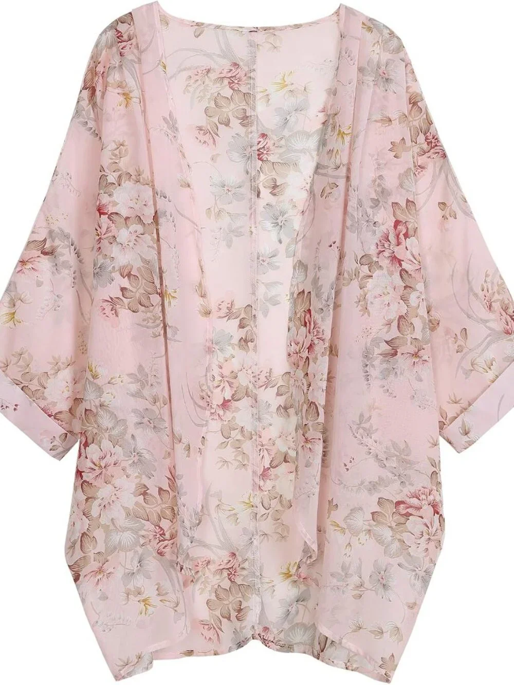 Women's Floral Print Sheer Chiffon 3/4 Bat Sleeve Casual Loose Kimono Cardigan C